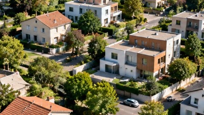 Visuel original généré par IA  OpenAI pour EXPRESSION ; diffusion éditoriale sous réserve des droits éventuels de tiers /ALT image : Vue aérienne d'un quartier pavillonnaire arboré en France