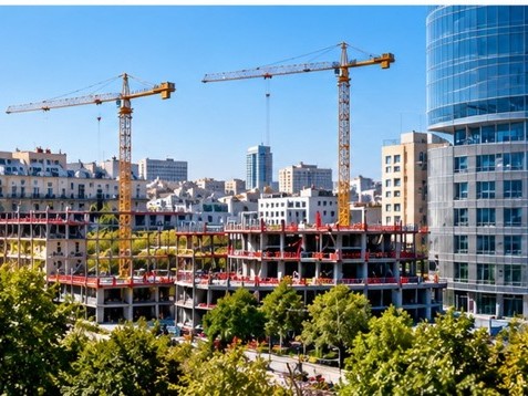 visuel généré par IA  OpenAI pour EXPRESSION | ALT SEO : Chantier immobilier urbain illustrant les signaux contrastés du marché immobilier français en 2026
